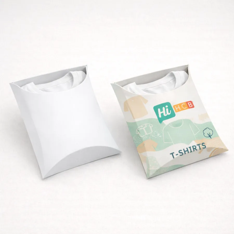 Two upright t-shirt pillow packs showing white collars- featuring one plain and one branded design- class=